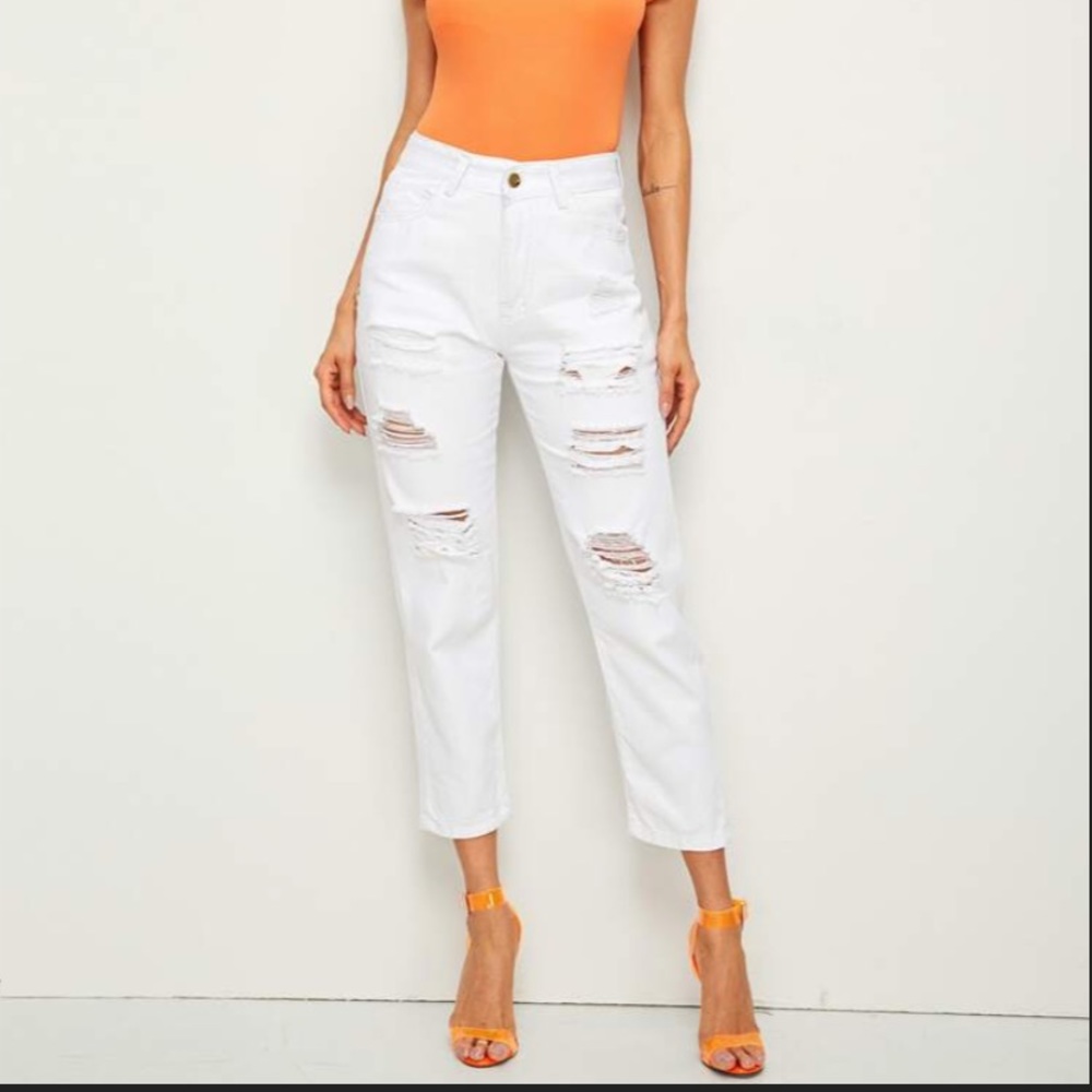 White distressed mom jeans